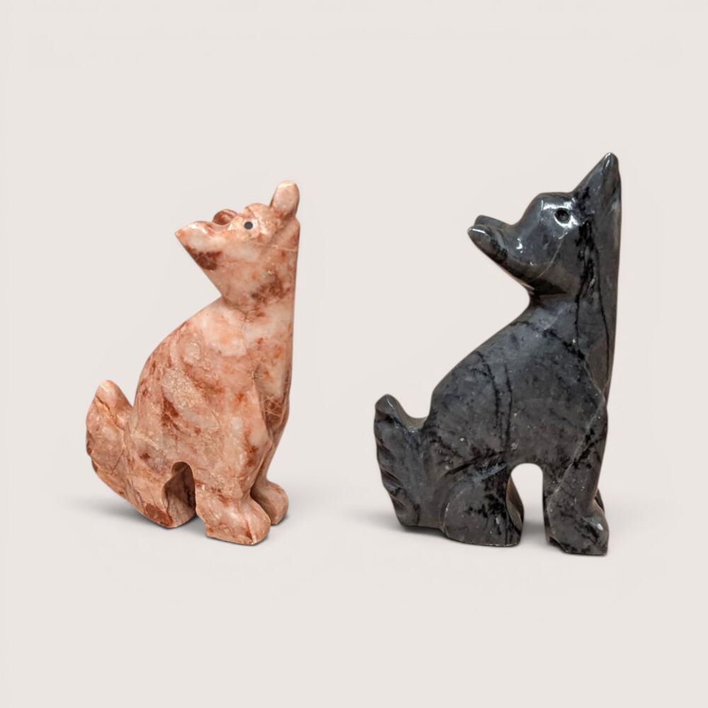 Vintage Hand Carved Stone Howling Wolf Figurine Pair